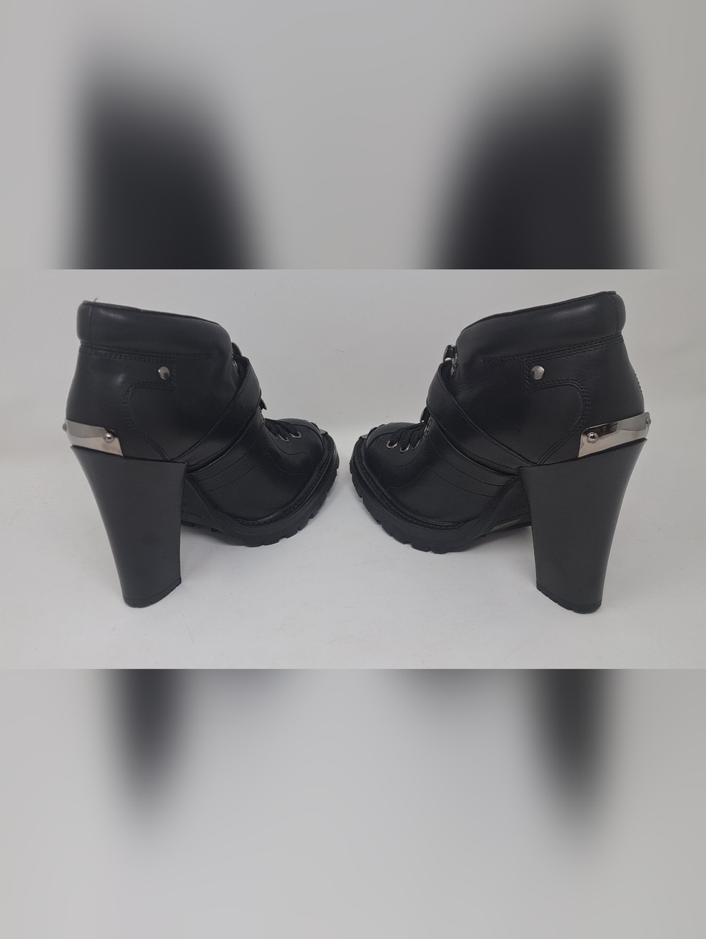 Miu Miu Ankle Combat Boots Moto Black Leather Steel Buckle Block Heels 35.5 IT - Picture 7 of 16